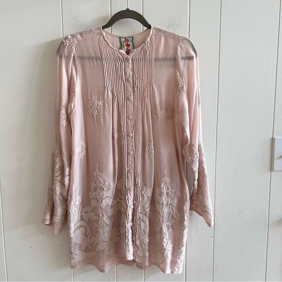 Johnny Was Blush Pink Pleated Embroidered Mini Dress / Blouse - Picture 1 of 13